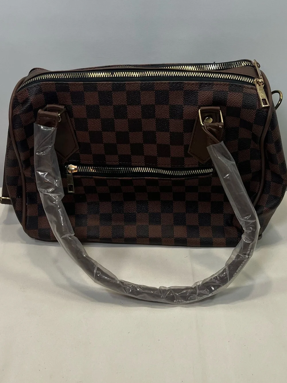 Brown Monogram Style Satchel Purse Gold Tone Hardware Fashion Handbag Flaw